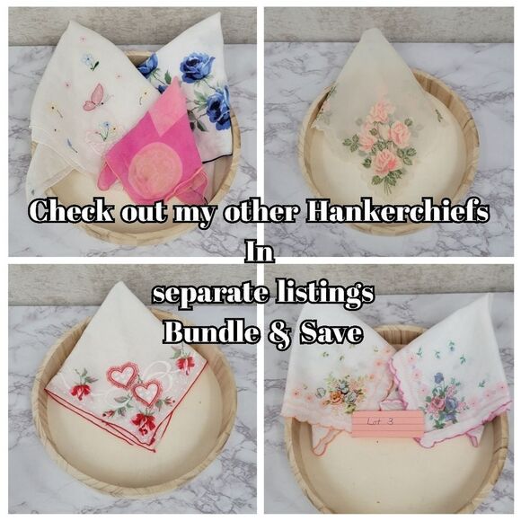 Vintage Hankerchief Hankie Hanky Lot of 2 White Peach Floral  White Blue Floral - Picture 9 of 9